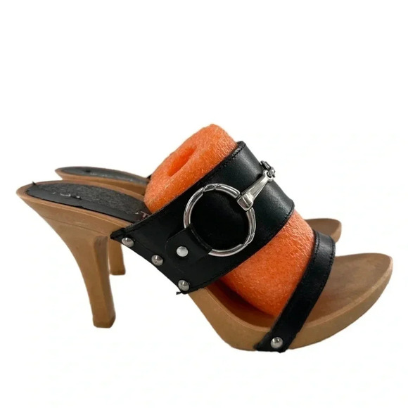 Nine West womens heels size 37 black leather faux wood vintage y2k